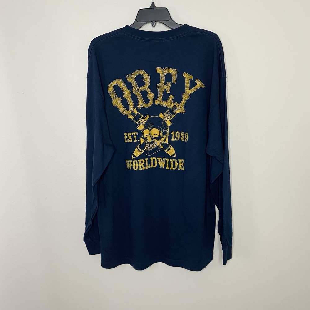 Obey Worldwide Skull Graphic Long Sleeve T Shirt Navy Blue XL Men's Streetwear